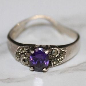 Sterling Silver Oval Amethyst Ring, 925 Size: 8 Unique Band